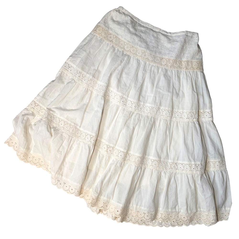 Lace Ruffle White Cotton Eyelet Lace Tiered Midi Skirt Boho Cottagecore 8